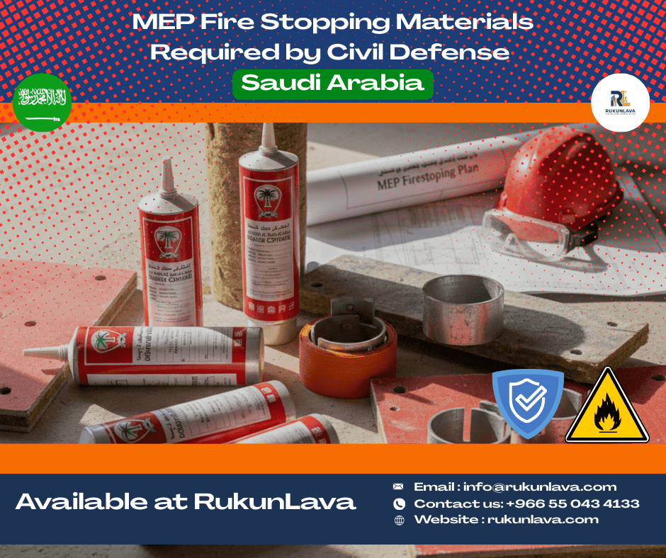 MEP fire stopping materials installed for Civil Defense compliance in Saudi Arabia