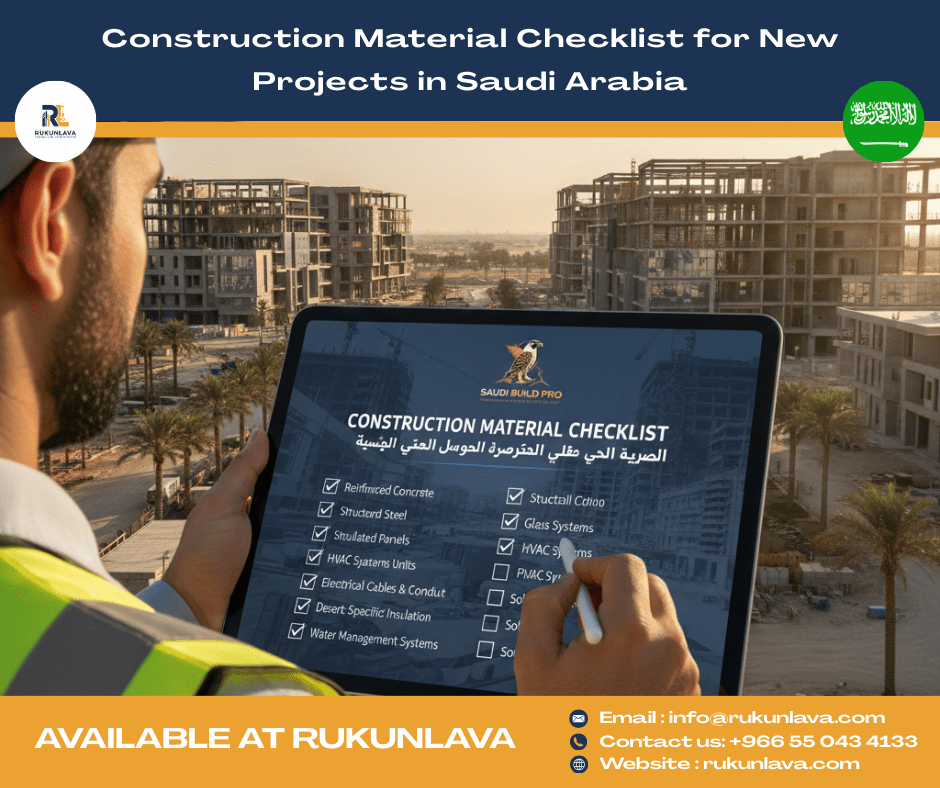 Construction material checklist for new projects in Saudi Arabia including civil, electrical, safety and interior materials