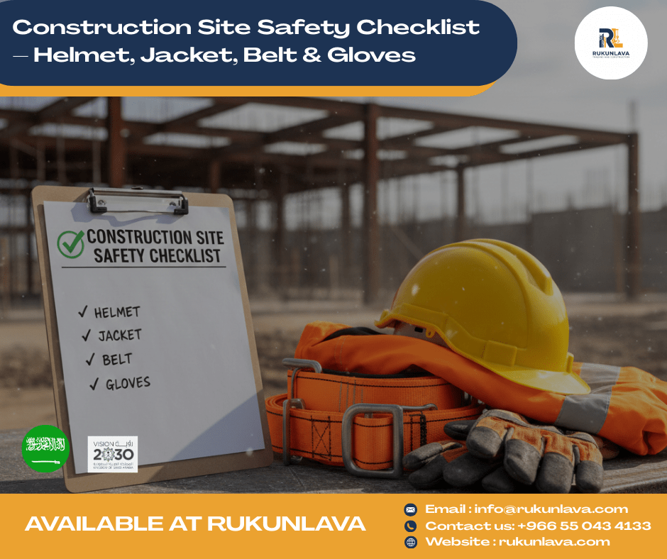 Construction site safety helmet, jacket, belt and gloves checklist in Saudi Arabia