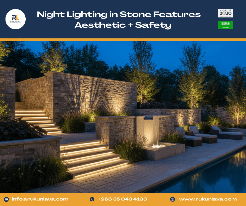 Night lighting onyx stone water feature enhancing road and landscape design in Saudi Arabia