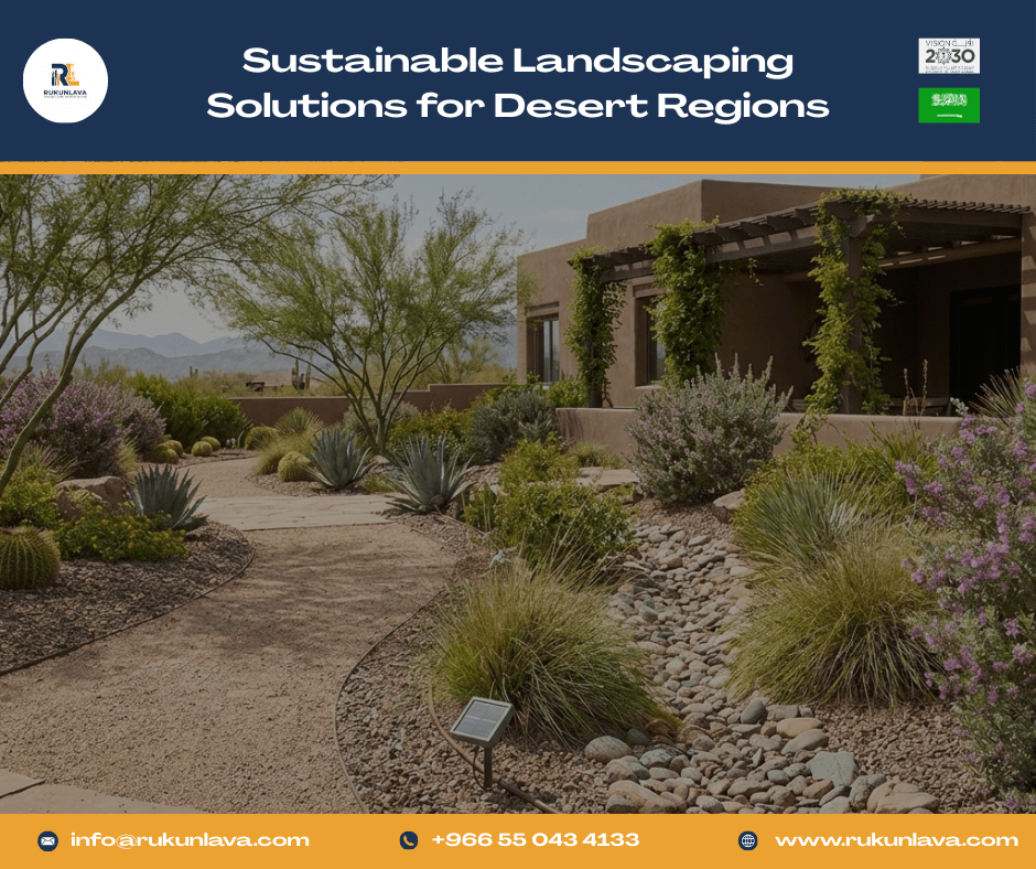 Sustainable landscaping design using natural stone and drought-resistant plants in desert regions