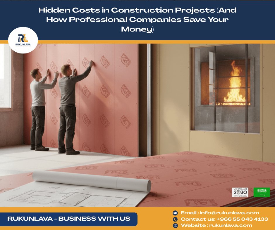 Fire-resistant gypsum board ceiling and wall installation by Rukunlava for modern office interior safety and design