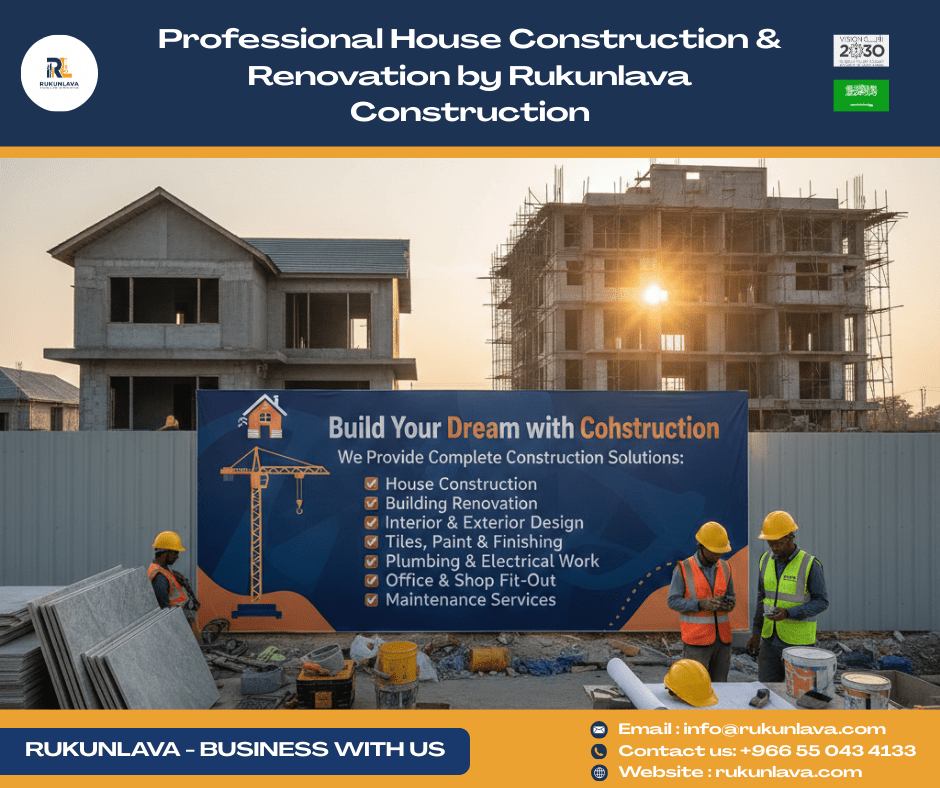 Rukunlava Construction team working on modern house construction and renovation project with professional tools and materials