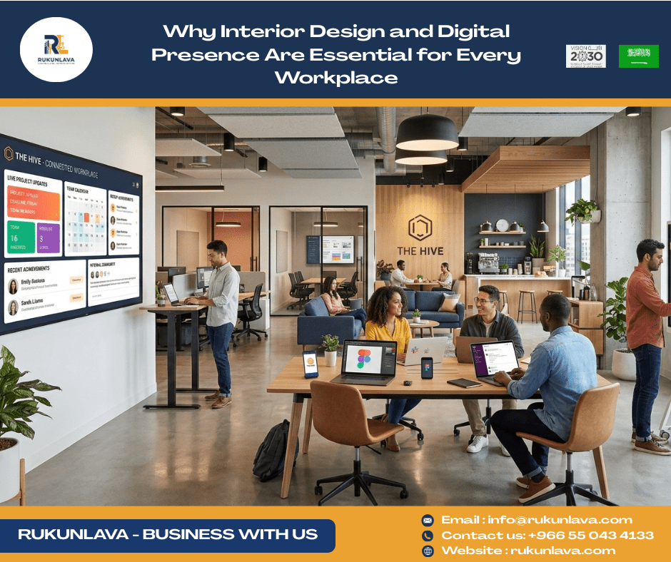 Why Interior Design and Digital Presence Are Essential for Every Workplace Modern office interior with professional workspace design and strong digital branding for business growth