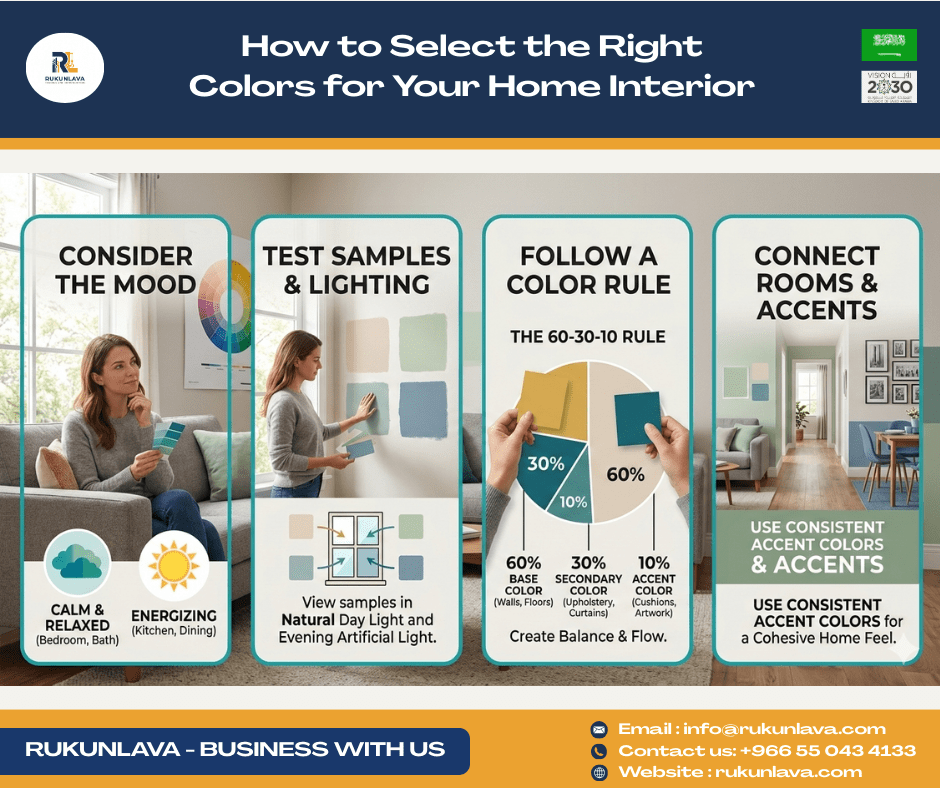 How to Select the Right Colors for Your Home Interior Modern home interior color palette selection for living room walls and furniture