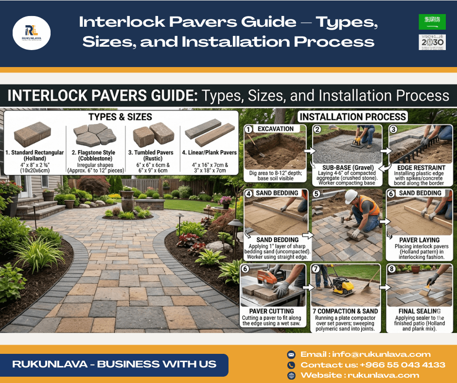 Interlock Pavers Guide – Types, Sizes, and Installation Process Interlock pavers installation for driveway and parking area showing concrete paving blocks and construction process in Saudi Arabia