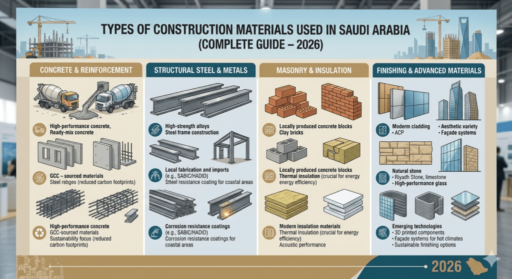 Construction materials in Saudi Arabia including concrete, steel, blocks and aggregates on site