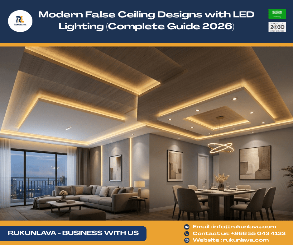 Modern gypsum false ceiling design with LED lighting in a luxury living room in Saudi Arabia