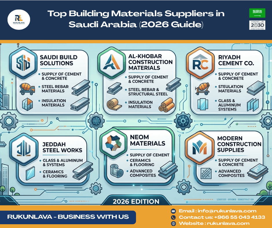 Construction materials warehouse with gypsum boards, cement bags, and steel supplies in Saudi Arabia