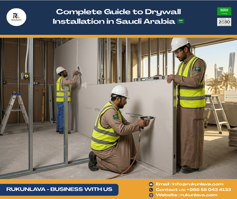 Drywall installation process in Saudi Arabia showing gypsum board fixing, metal stud framing, and wall finishing