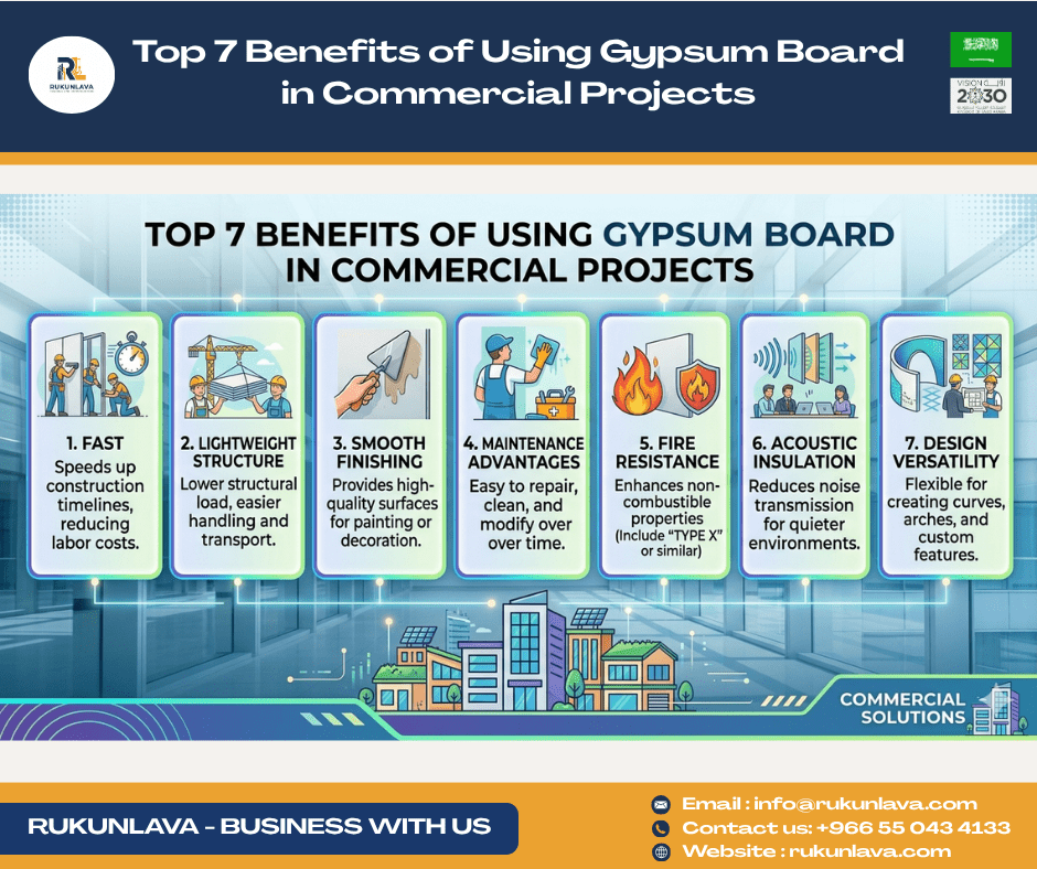 Gypsum board installation in commercial building Saudi Arabia by professional contractors