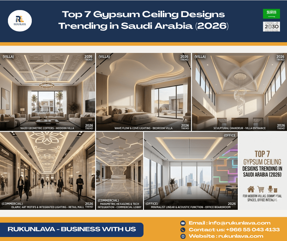 Modern gypsum ceiling design with LED lighting in Saudi villa interior