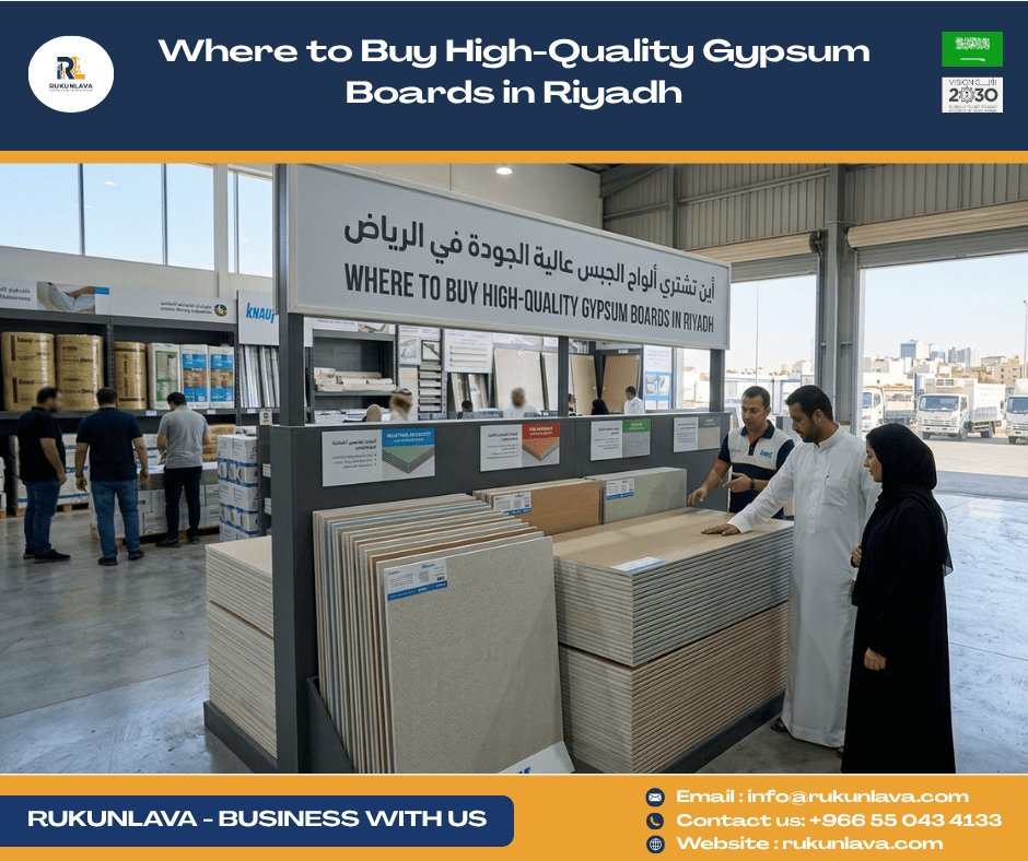 High-quality gypsum board sheets stacked in warehouse Riyadh