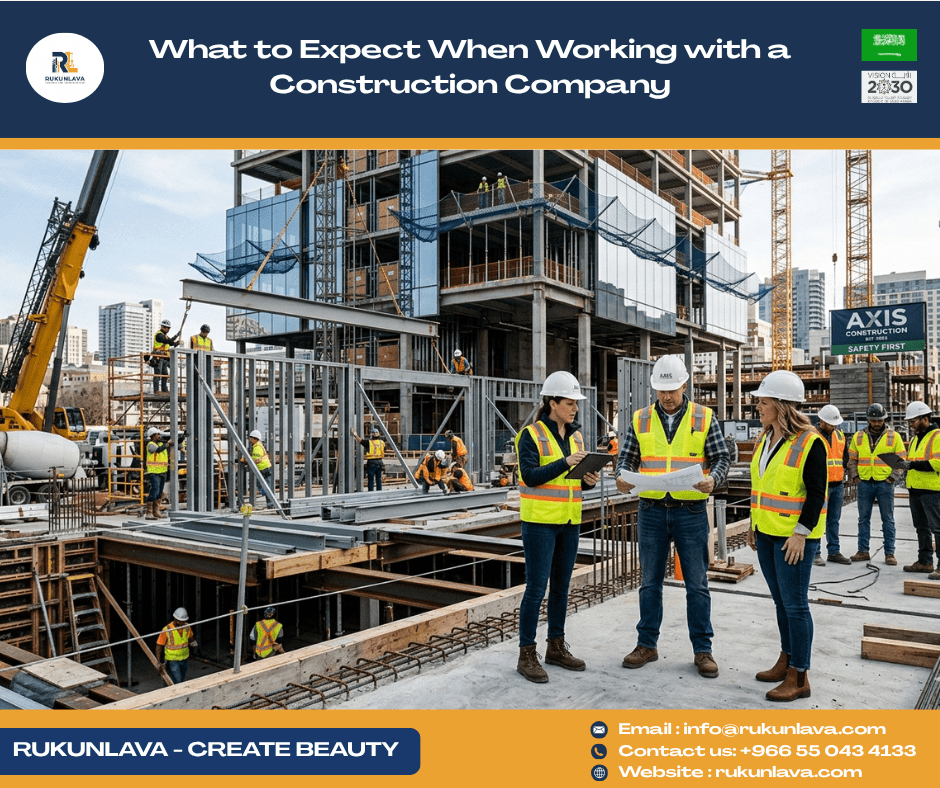 Construction company meeting with client discussing project plans and blueprints