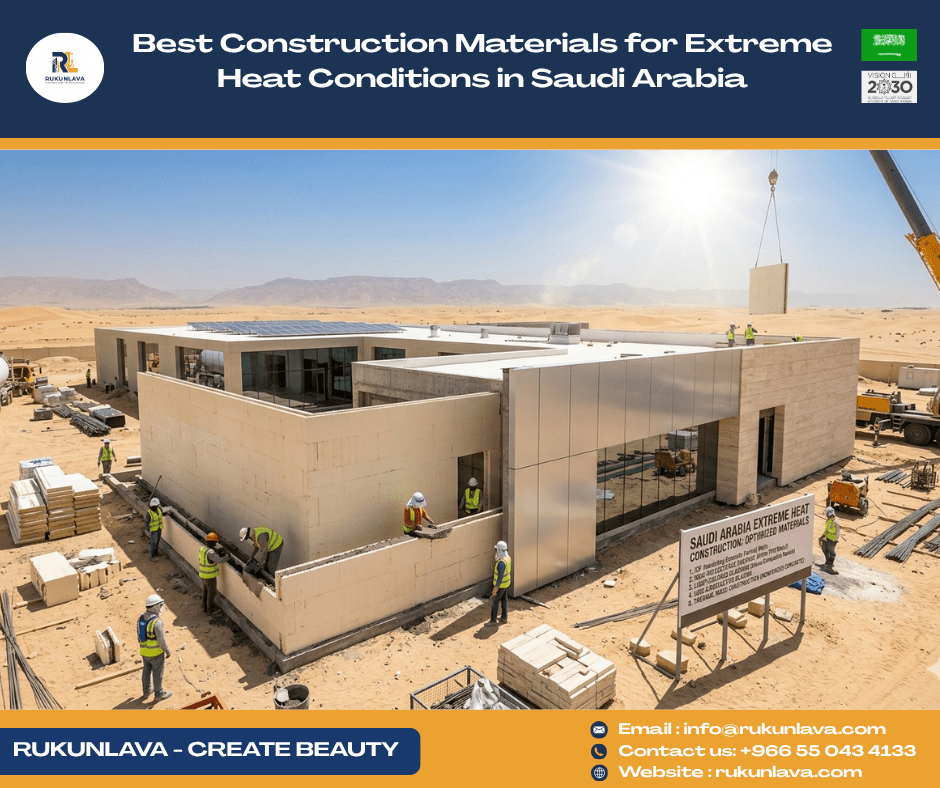Construction site in Saudi Arabia using heat-resistant materials under extreme weather conditions