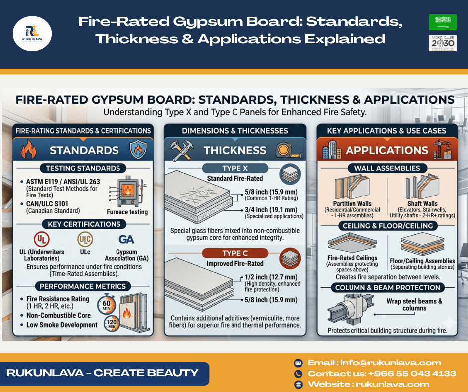 Fire-rated gypsum board installation in commercial building Saudi Arabia